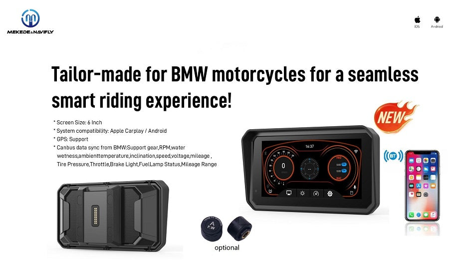 Tomostrong Motorcycle 6 inch navigation system dedicated to BMW, supporting CarPlay/Android Auto and original BMW motorcycle protocol/buttons